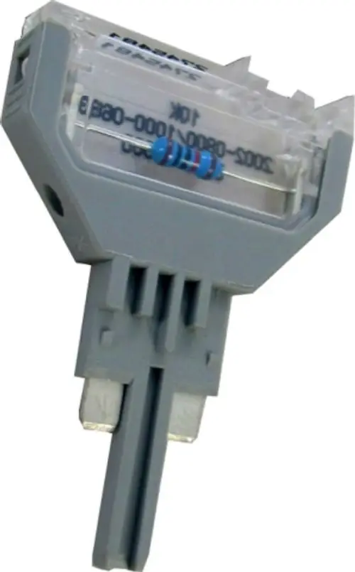 Parameterstecker von Wolf mit transparentem Gehäuse und Widerstand. Anschlussklemmen für elektrische Verbindung. Kleinformatiges Design eignet sich für verschiedene Anwendungen.